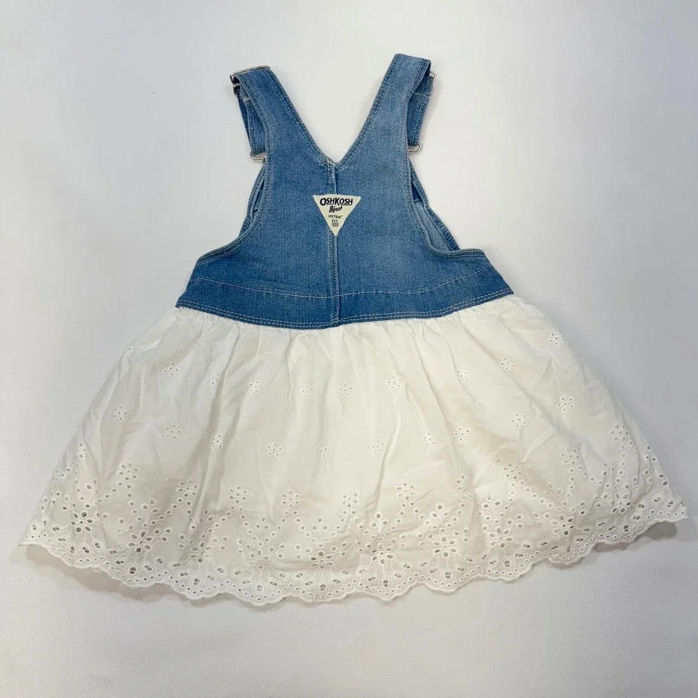 OshKosh‎ B'gosh Overall Dress Kids 24M Blue Denim White Eyelet Lace Preppy